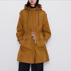 NWT ZARA Tan Cotton Blend Contrast Drawstring Hooded Jacket L